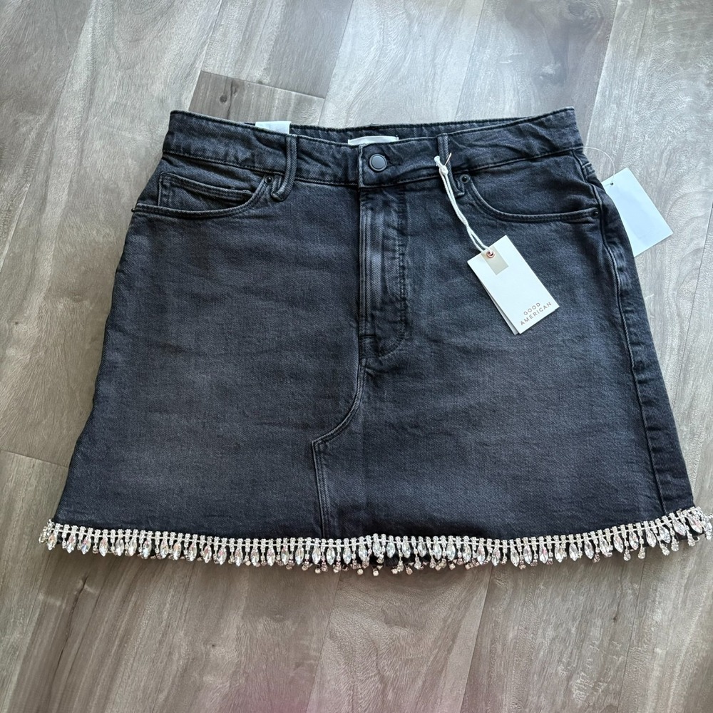 GOOD AMERICAN NWT Denim Crystal Trim Skirt Size 8 $150‎ Retail - Picture 6 of 10